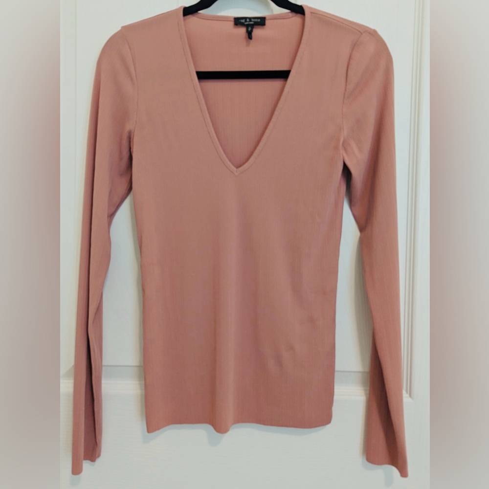 rag & bone Deep V-Neck Rib Tee - Soft Pink